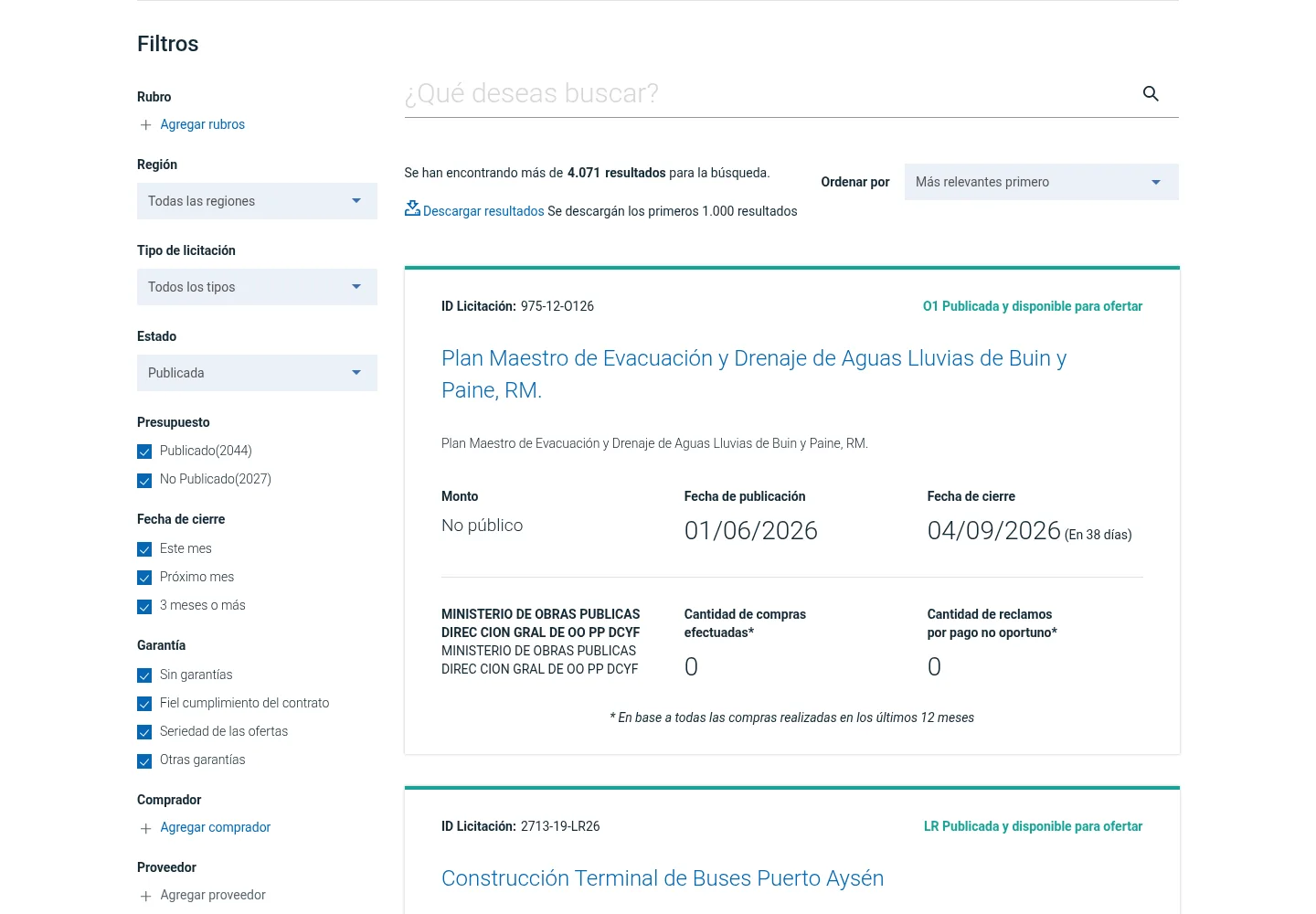 Captura real del buscador y resultados de licitaciones de Mercado Público