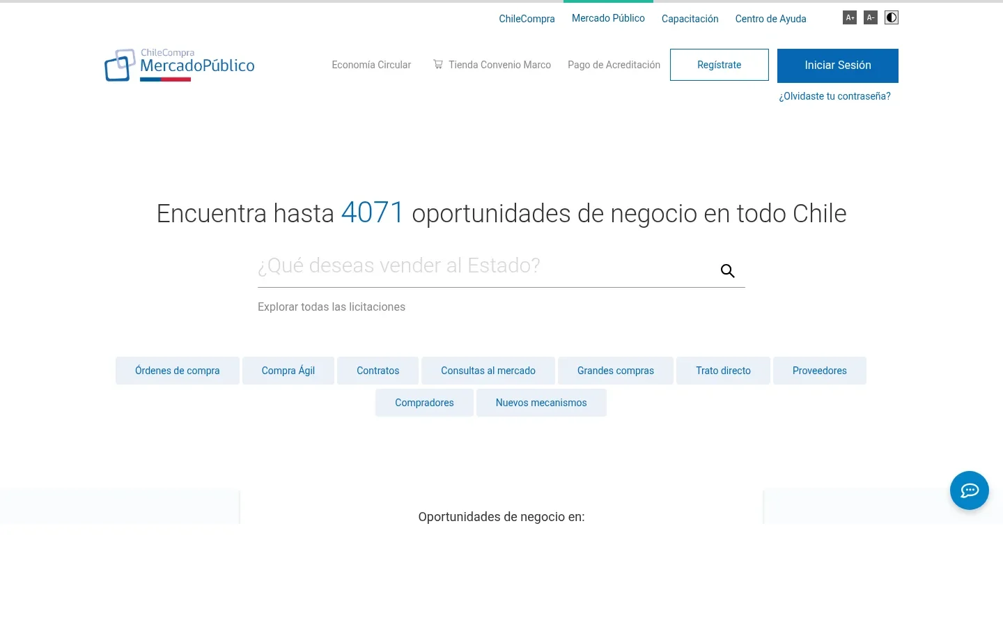 Captura real de la portada y buscador de oportunidades de Mercado Público