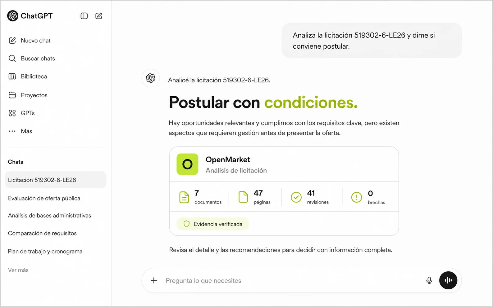 Representación editorial de OpenMarket analizando una licitación dentro de ChatGPT