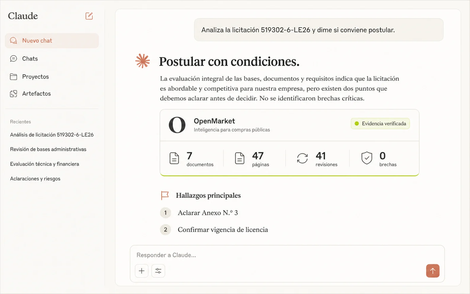 Representación editorial de OpenMarket analizando una licitación dentro de Claude
